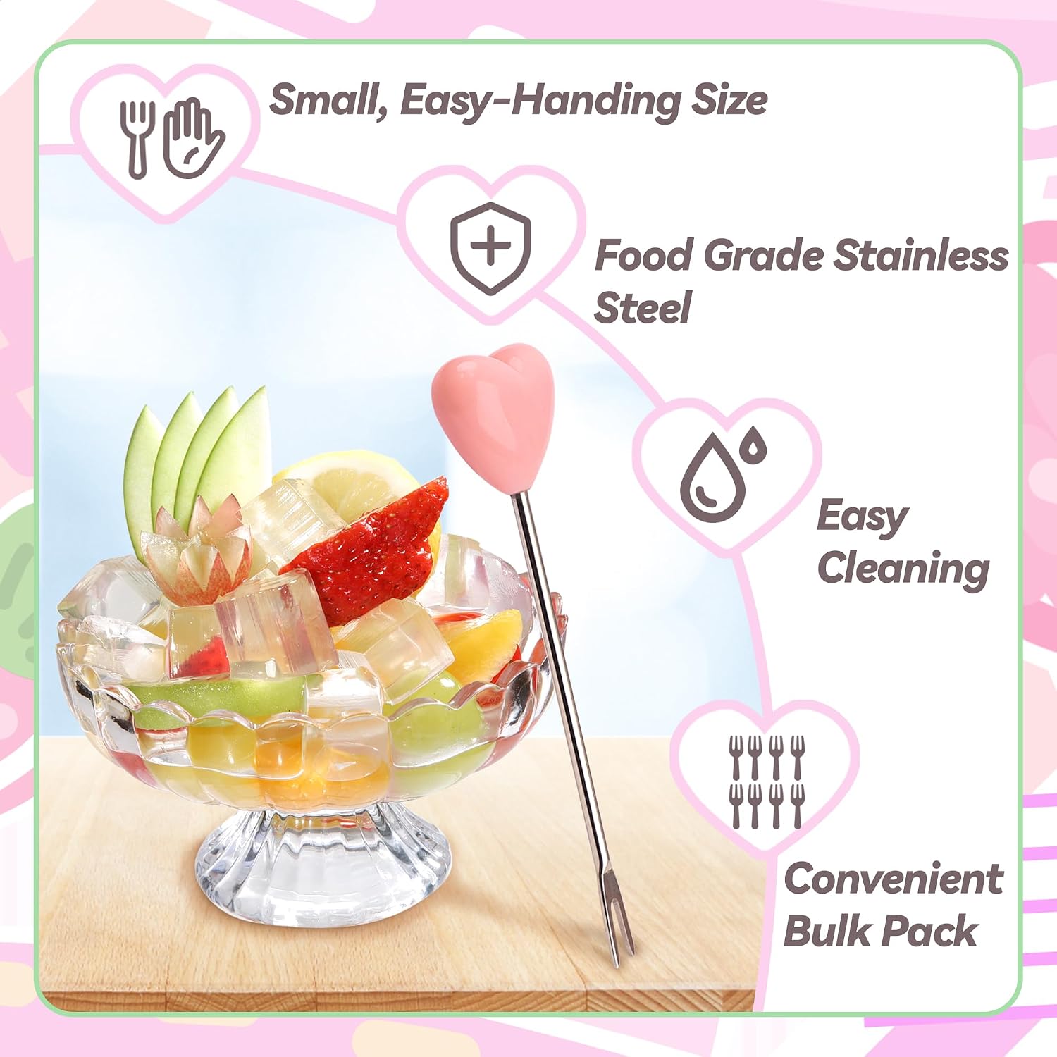 Set of 10 Stainless Steel Fruit forks and 1 Pink Love Holder, Fruit Forks Salad Forks Food Picks