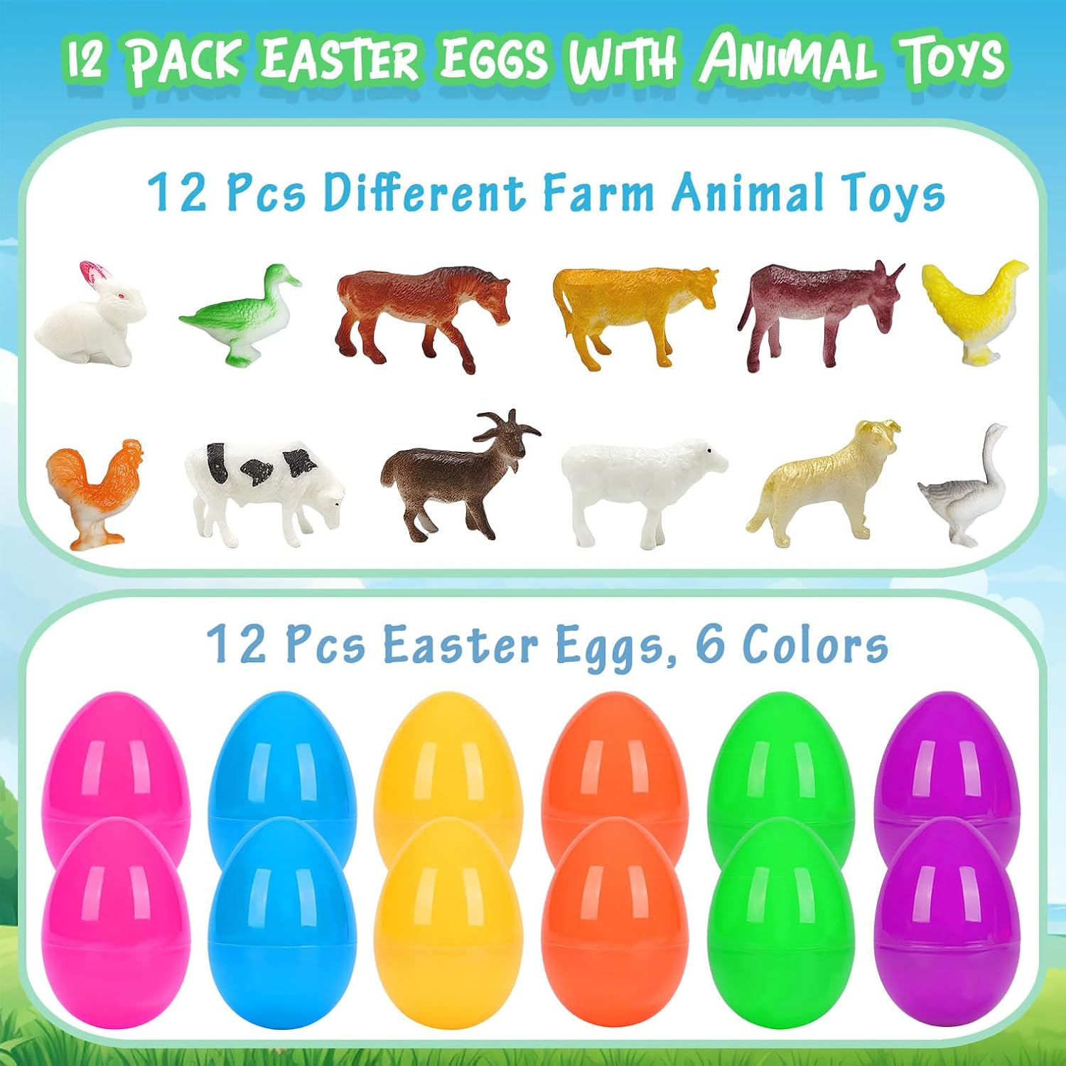 12 Pack Prefilled Easter Eggs with Toys Inside, Filled Easter Eggs with Farm Animal for Kids Easter Egg Hunt, Easter Basket Stuffers Fillers, Easter Party Favors Supplies