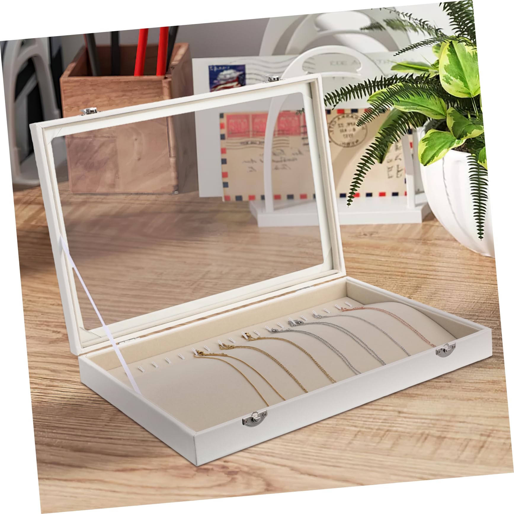 Healvian Caja De Almacenamiento Para Collares De Madera Tapa Transparente Organizador De Joyas Para Mujer Expositor De Collares Seguro Capacidad Grande y Diseño Elegante Adecuado Para Viajes y Diario
