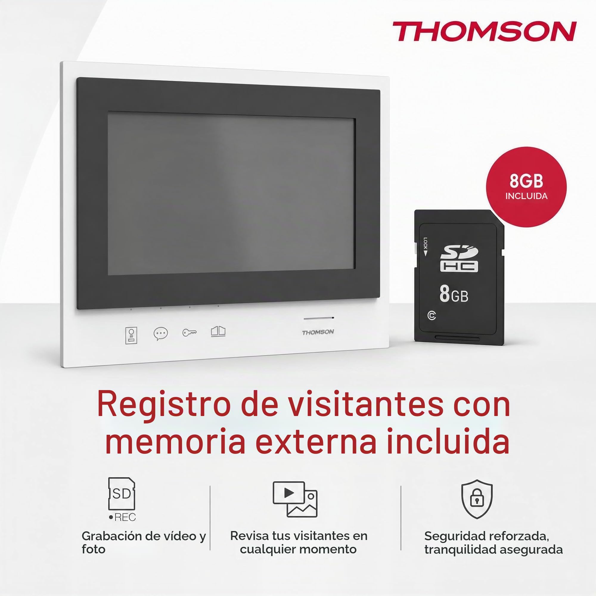 THOMSON Videoportero Inalámbrico con Pantalla, Interfono y Cámara Exterior | Pantalla HD de 7", alcance de 350 m en campo abierto, batería recargable, visión nocturna, SD de 8 GB y función Door Check.