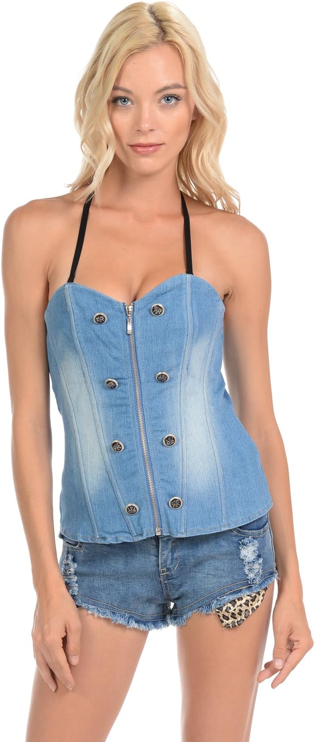 Sexy Jean Spandex 8 Buttons Front Zipper Corset With String Back (L-3312)
