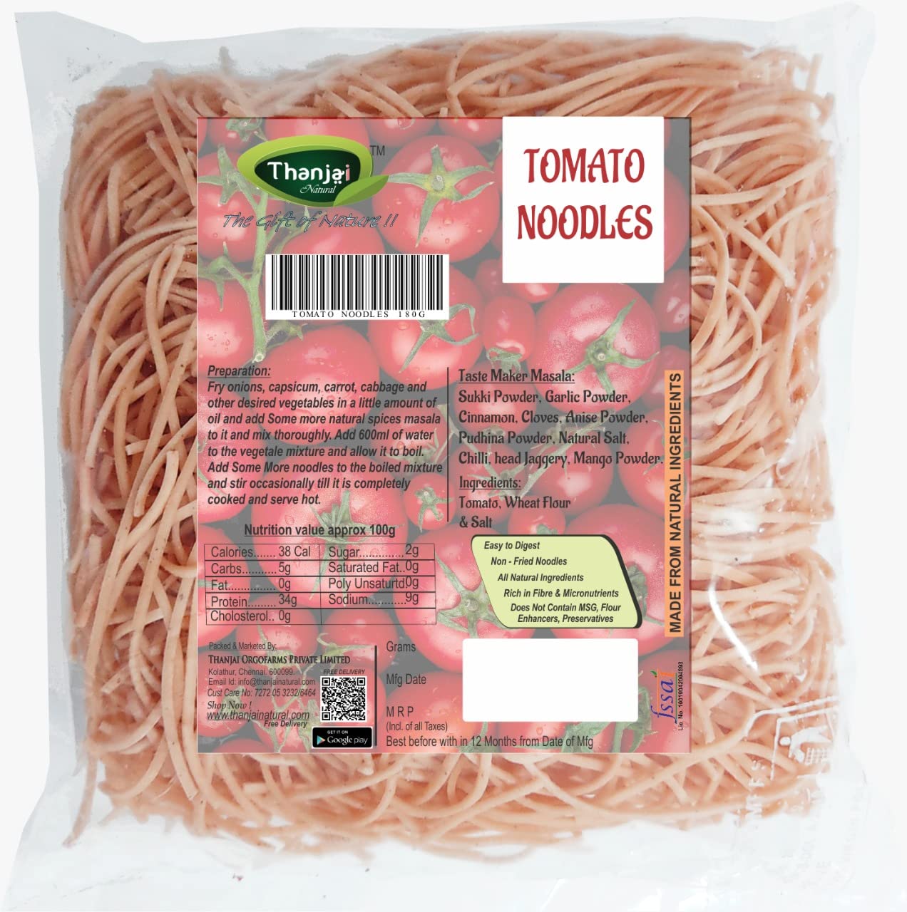 Thanjai Natural Tomato Noodles 180 Grams of Homemade Natural Noodles (No Preservatives, No Chemicals, No Artificial Extract) (B09QZXN7G5) Amazon Price History, Amazon Price Tracker