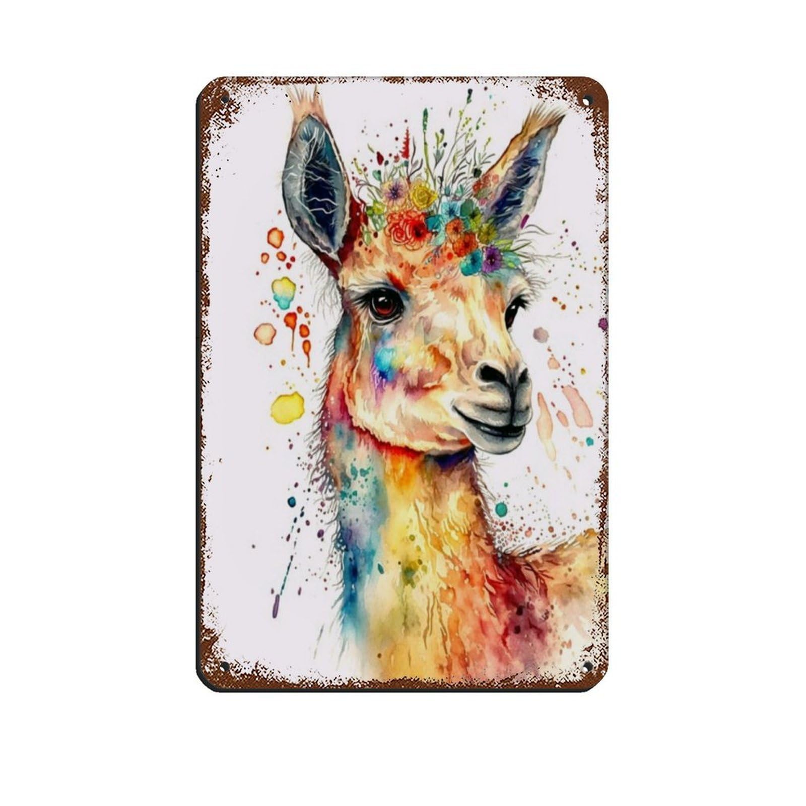 Llama Watercolour Art Poster Tin Sign Vintage Metal Pub Club Cafe Bar Home Wall Art Decoration Poster Retro 8x12inch(20x30cm)