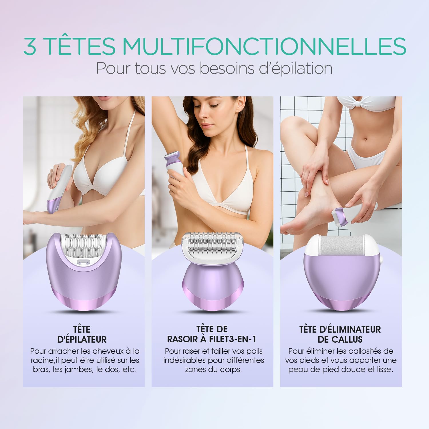 VOYOR Épilateur Électrique Femme, Epilation avec Tête De Rasage Et Tondeuse pour l'épilation du Corps, Rechargeable et Sans Fil, Humide et Sec, Couvert 30 Pinzetten, Lumière LCD BM300 (Violet)
