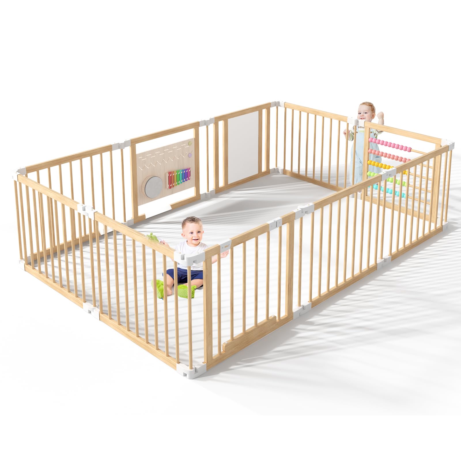 240x160x61cm Baby Laufgitter klappbar Laufstall Holz Kinder Activity Center mit Tür, musikalischem Spielzeug Krabbelgitter Verformbar Absperrgitter für Kinder (10 Paneele)