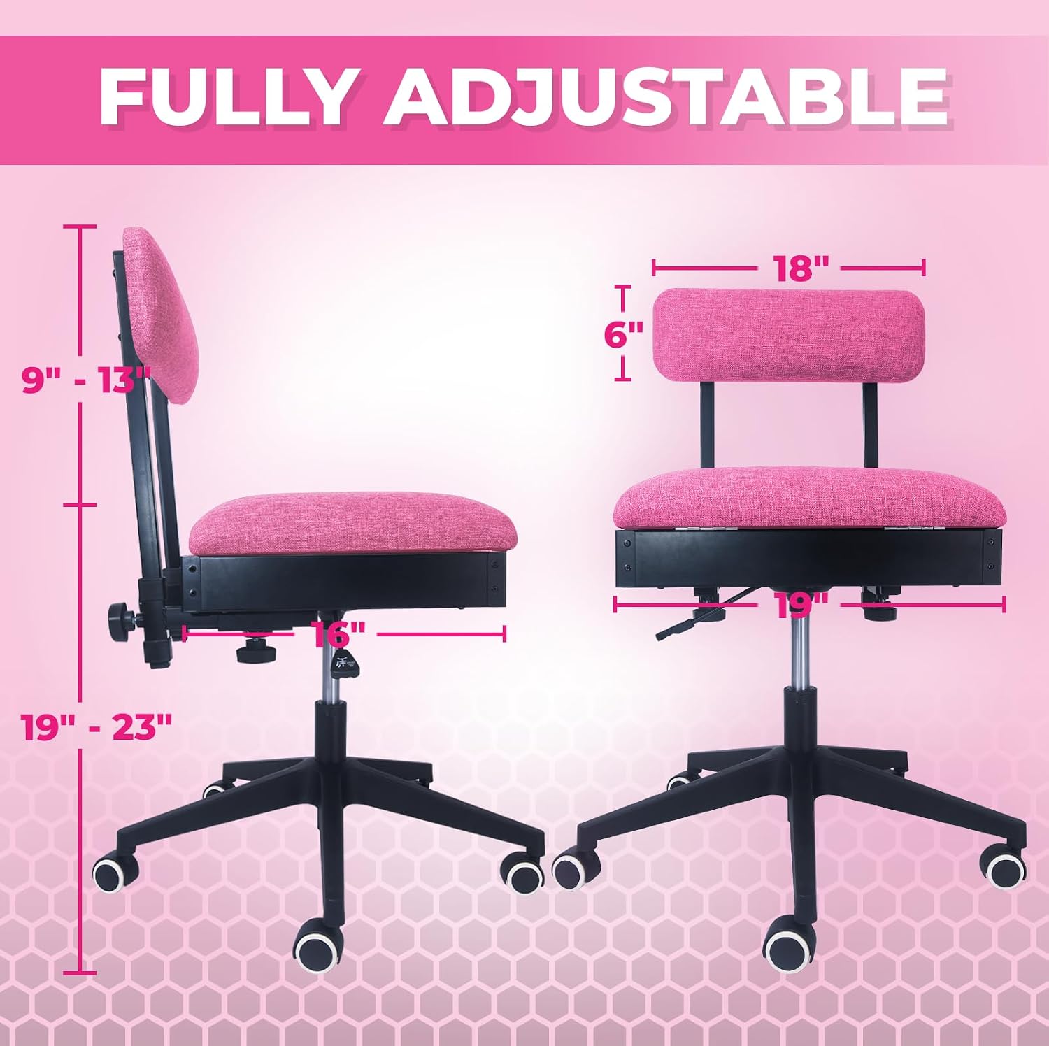 Pink Power Sewing Chair with Wheels and Adjustable Back Support - Hydraulic Armless Machine Chair for Crafting, Quilting, Artists - Sewing Room Furniture - Ergonomically Designed Professional (Pink)