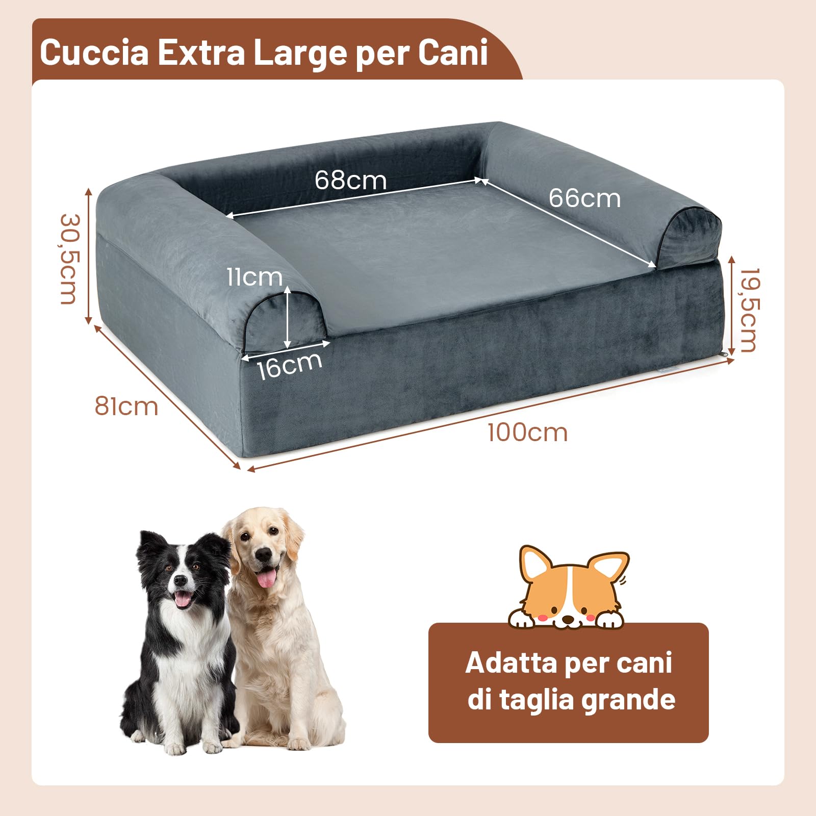 COSTWAY Letto Ortopedico per Cani, Cuccia per Animali in Schiuma di Memoria con Poggiatesta, Copertura Rimovibile e Fondo Antiscivolo per Cani Anziani, 102 x 82 x 30,5 cm