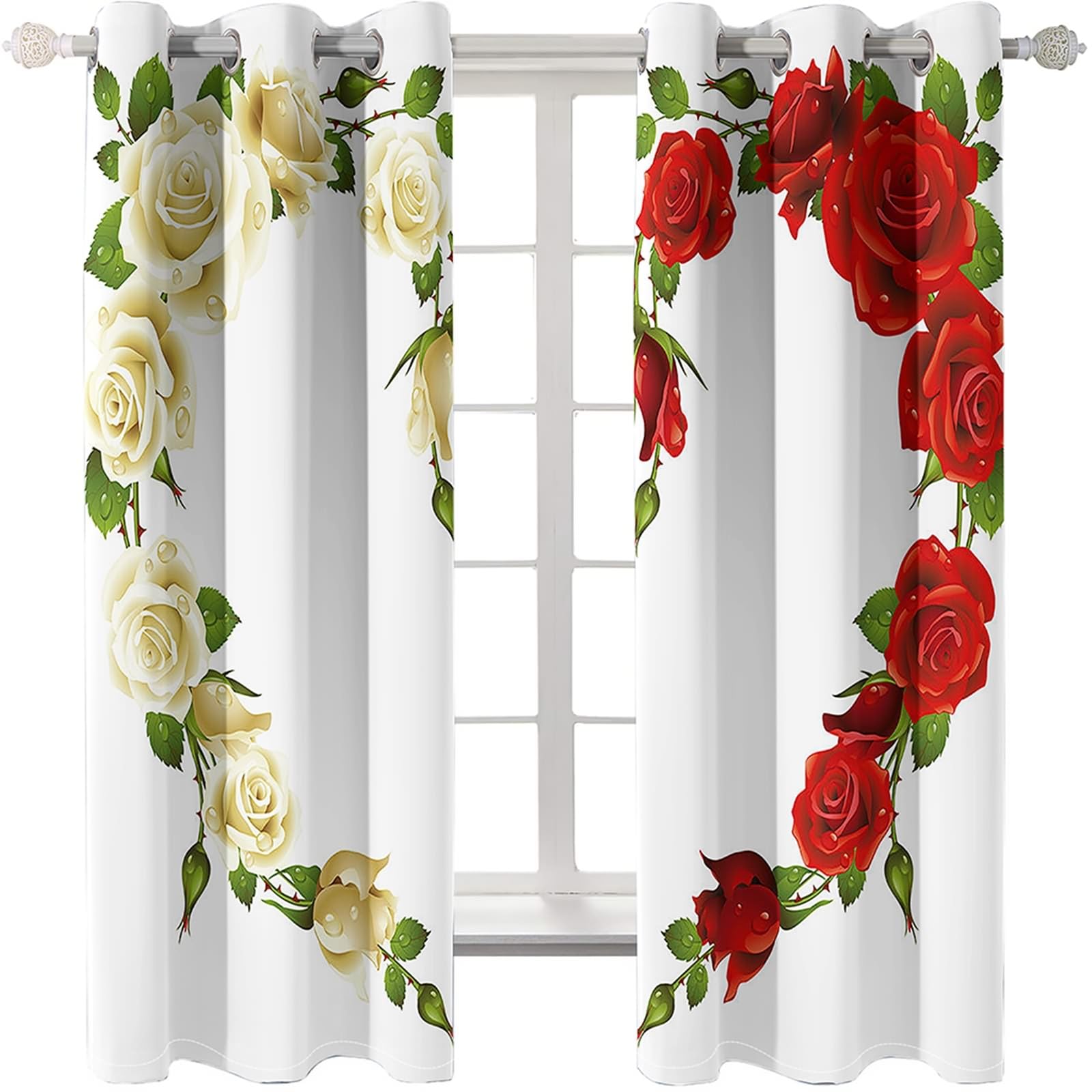 Fenstervorhänge Wohnzimmer, 234x274cm Weiß Rot Gelb Grün Herz mit Rosen Vorhang für Schlafzimmer/Wohnzimmer