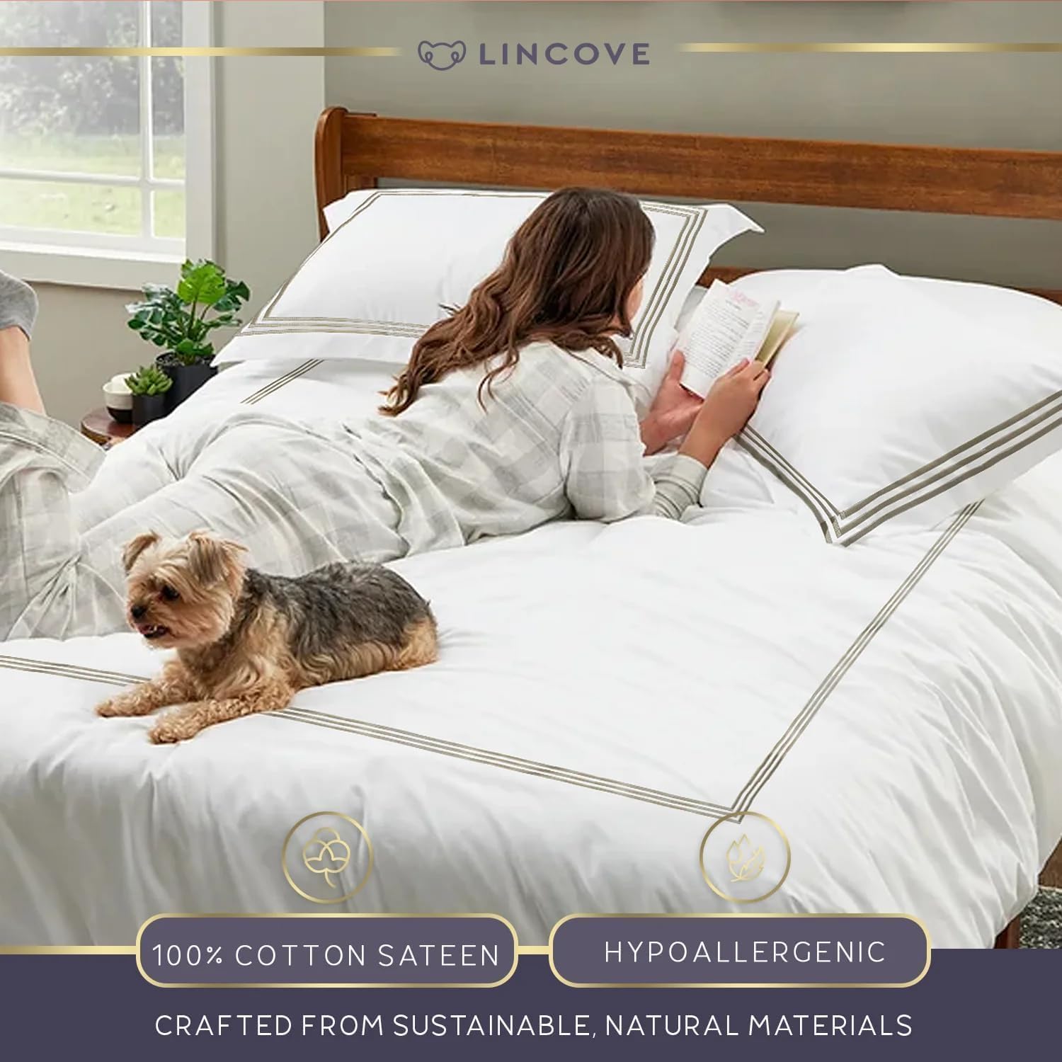 Lincove 100% Cotton Duvet Cover King Size - 400 Thread Count Soft White Duvet Cover with 2 Pillow Shams and 1 Fitted Sheet - Almeria Style Comforter Cover with Button Closure & Corner Ties -90" x 106"