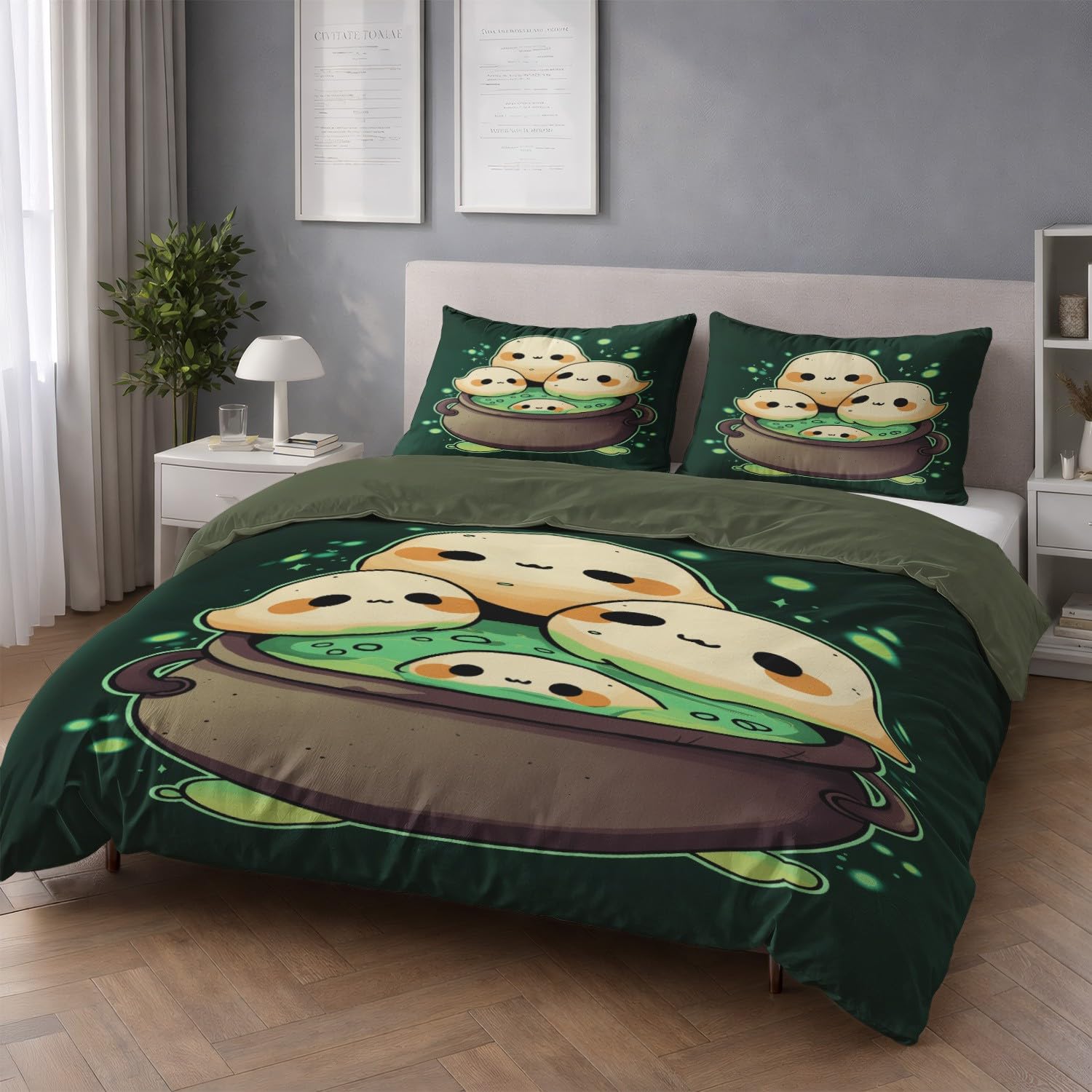 Générique Poszwa na kołdrę zielona beżowa dekoracja wnętrz 220 x 240 cm Cartoon mikrofibra zestaw pościeli uroczy tygiel duch dwustronna poszwa na kołdrę z zamkiem błyskawicznym