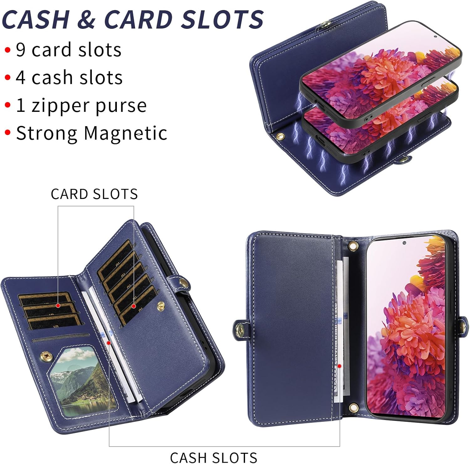Phone Case for Samsung Galaxy S20 FE 5G 6.5 inch Zipper Wallet Cell Cover Screen Protector Crossbody Strap Bling Flip Credit Card Holder S 20 EF UW S20FE5G S20FE 20S S2O Fan Edition Women Dark Blue
