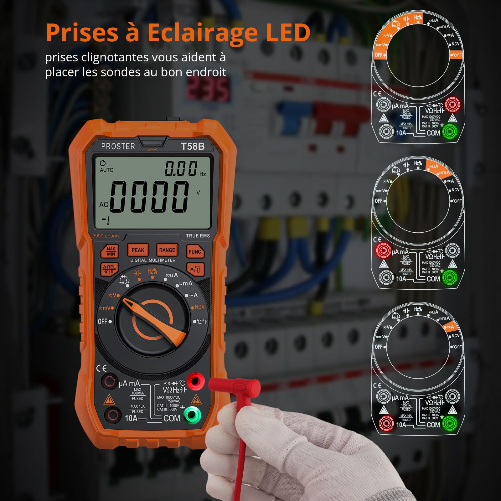 Proster Multimètre Numérique 9999 Comptes TRMS Auto-Range NCV – Testeur Électrique AC/DC avec Mesure Température, Crête, Continuité, Alerte Jack et Support Magnétique
