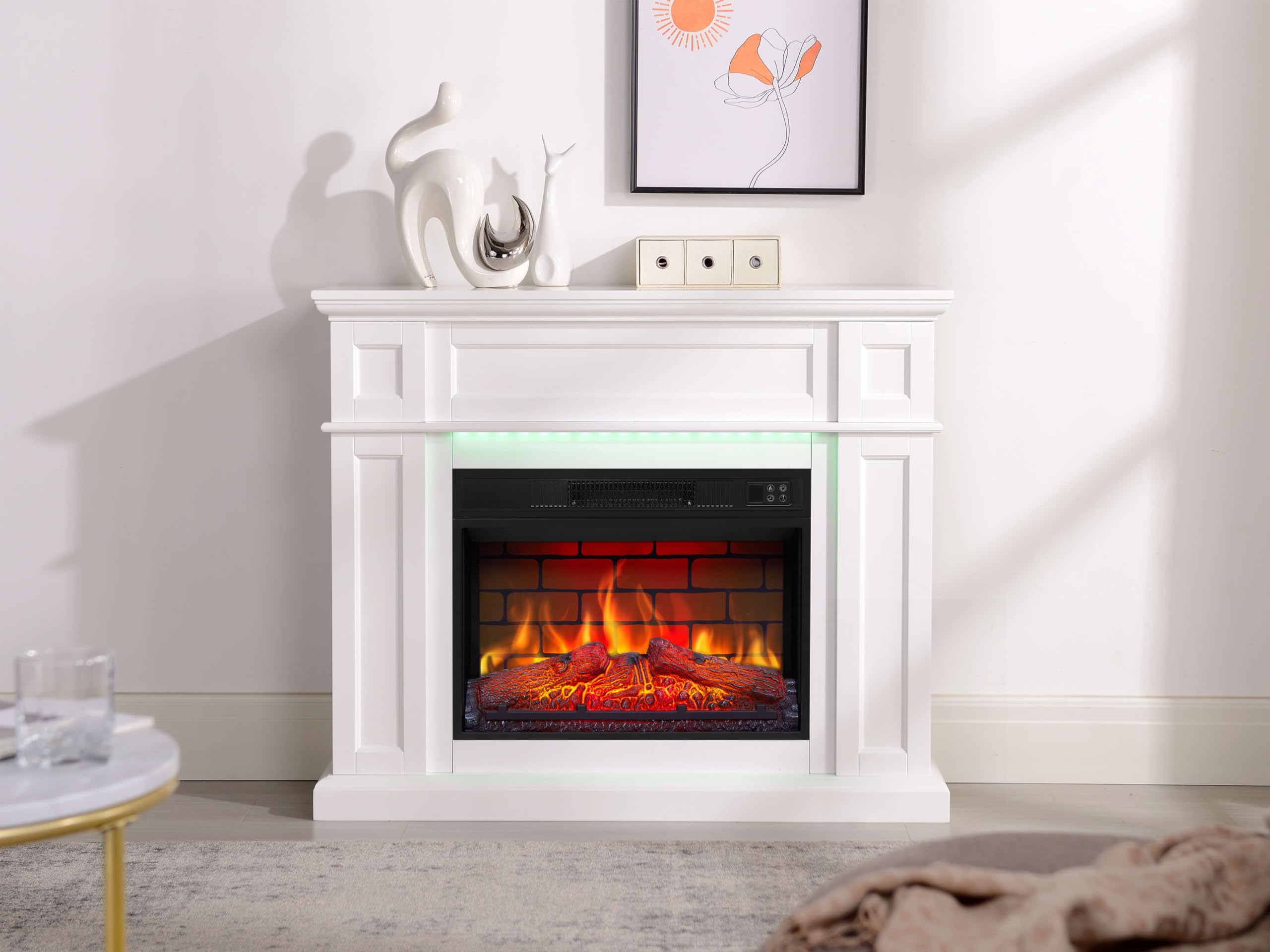 Kominek elektryczny LED ArtiFlame Linz AF23BS biały z dźwiękiem, 12 trybów ogrzewania 1800 W, timer, prawdziwy efekt płomienia, 3 poziomy jasności, ekskluzywny design, pilot