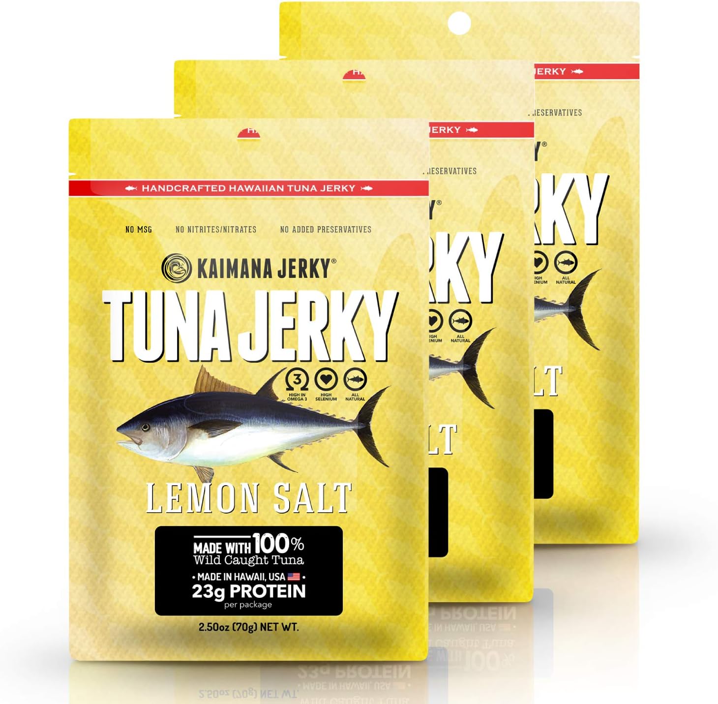 Kaimana Wild-Caught Ahi Tuna Jerky - Lemon Salt | Rich in Omega-3s & High in Protein | All-Natural & Organic Fish Jerky (3 pack, 2 oz)