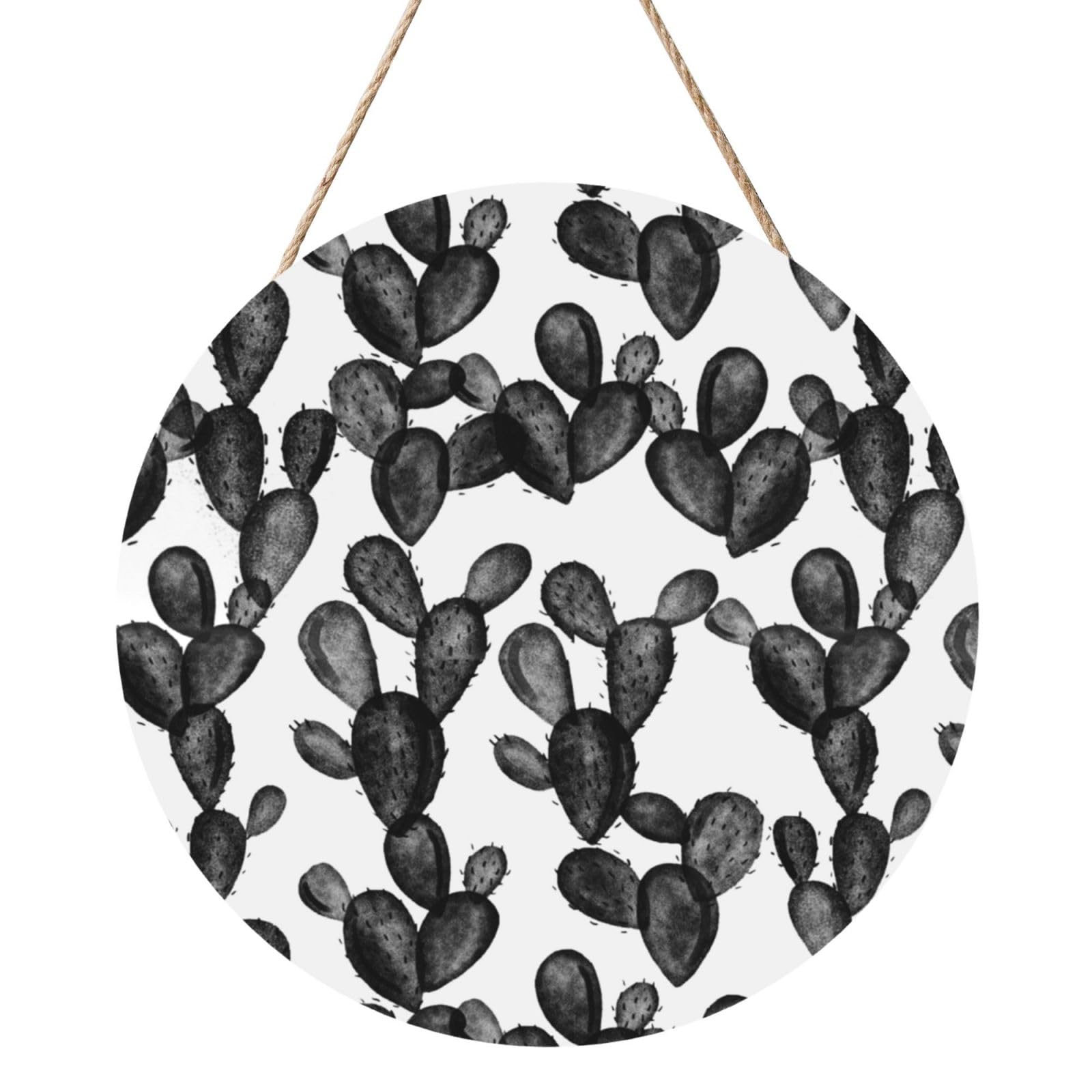 InOmak Paddle Cactus Blackest Black, Round Wood Panel Painting 12 in, Wall Hanging Painting For Home