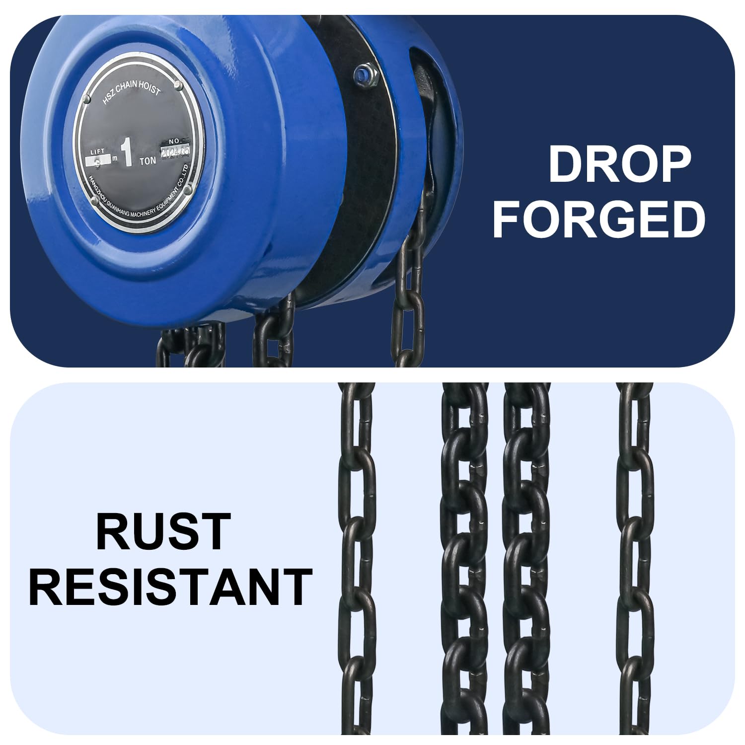 10 Feet Blue Manual Chain Hoist - Heavy Duty Chain 1 Ton Capacity, Lift Manual Hoist, Hand Chain Block Hoist for Industrial, Workshops, Warehouses, Automotive Machinery