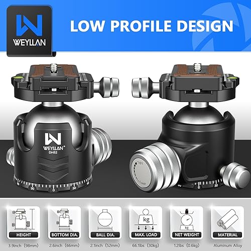 Miniatura 20 de WEYLLAN CH55 - Cabezal de bola de perfil bajo de 2.165 in, cabeza de bola panorámica, cabezal de cámara de trípode de metal CNC para trípodes
