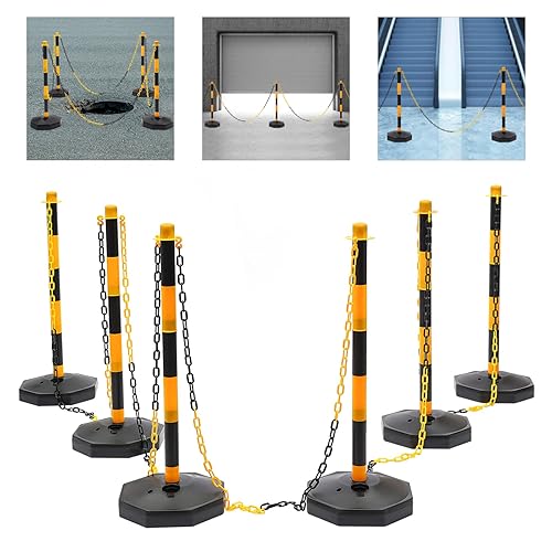 Miniatura 4 de 6 piezas de conos de tráfico con base rellenable de polietileno amarillo, poste de estacionamiento portátil con cadenas de 6.6 pulgadas, conos de