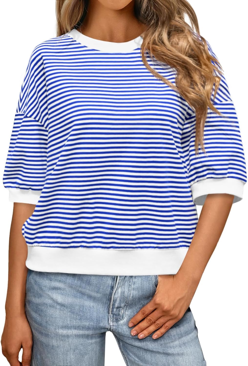 Tankaneo Womens Puff Sleeve Striped T Shirt Oversized Cropped Summer Casual Cotton Tops Loose Fitting Crewneck Sweatshirt
