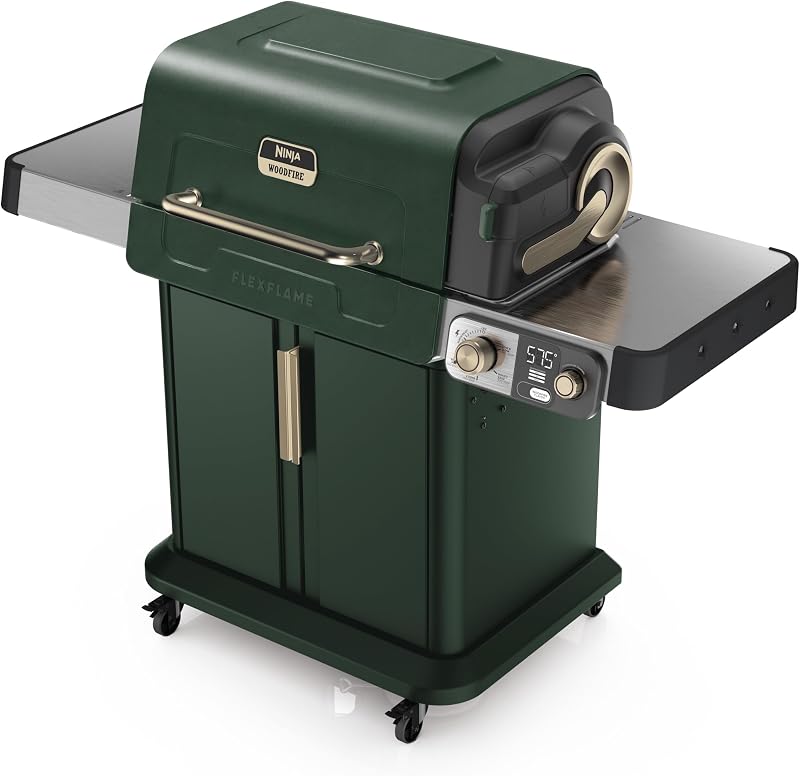 Parrilla y ahumador FlexFlame, eléctrico y propano, 5 en 1, verde, PG301GN | Ninja FlexFlame es una parrilla, ahumador y plancha 5 en 1 con control preciso de 200 a 600 °F, con capacidad para 3 pollos o 4 costillas