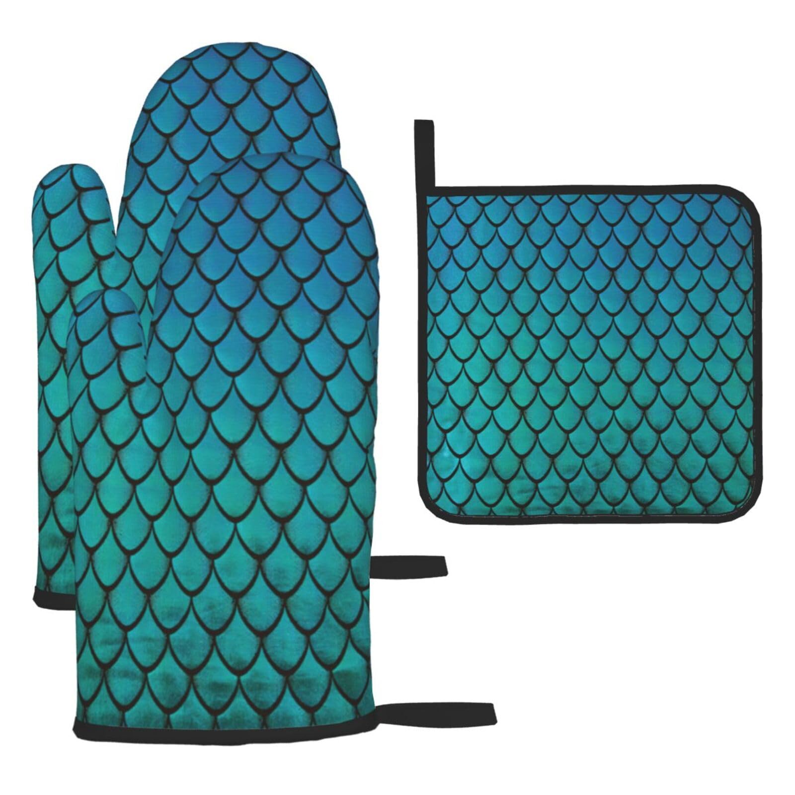 Yyoretp Black Blue Fish Scale Print Oven Mitts And Potholders Bbq Gloves-Oven Mitts And Pot Holders For Cooking Baking