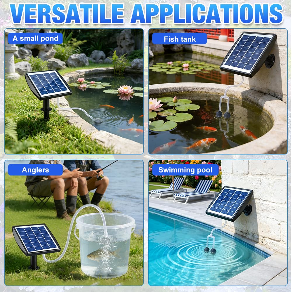 Pompa ad Aria Solare, 2,5W 2200 mAh Ossigenatore Solare, Aeratore Solare per Laghetti con Tubo e 2 Pietre a Bolle d'Aria, Pompa di Ossigeno Per Laghetto Da Pesca Piscina Da Acquario