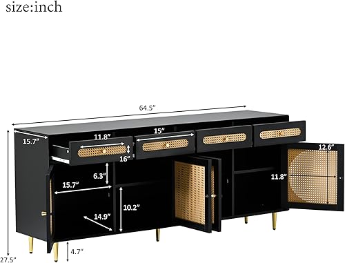 Miniatura 3 de KLMM Soporte de TV tejido único para televisores de hasta 65 pulgadas, mesa consola multimedia con puerta de ratán y estantes ajustables, armario de
