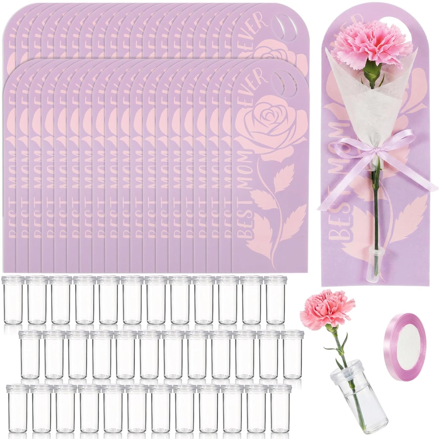 Eaasty 48 Set Mother's Day Themed Single Rose Card Sleeve Gift Packaging Flower Holder with Floral Water Tubes Ribbon Floral Tissue Paper for Rose Packing
