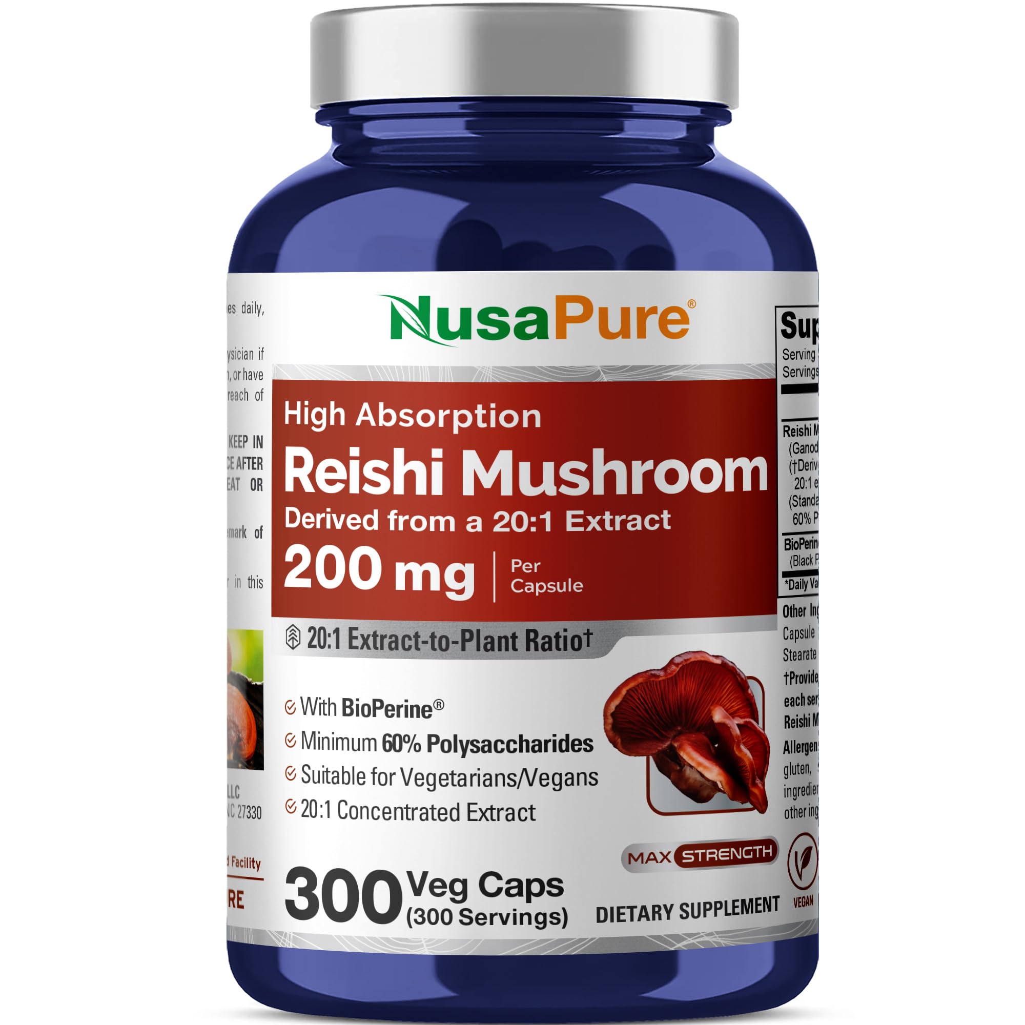 NusaPure Reishi Mushroom, Vegan, 200mg, 300 Veg Capsules - 300 Servings