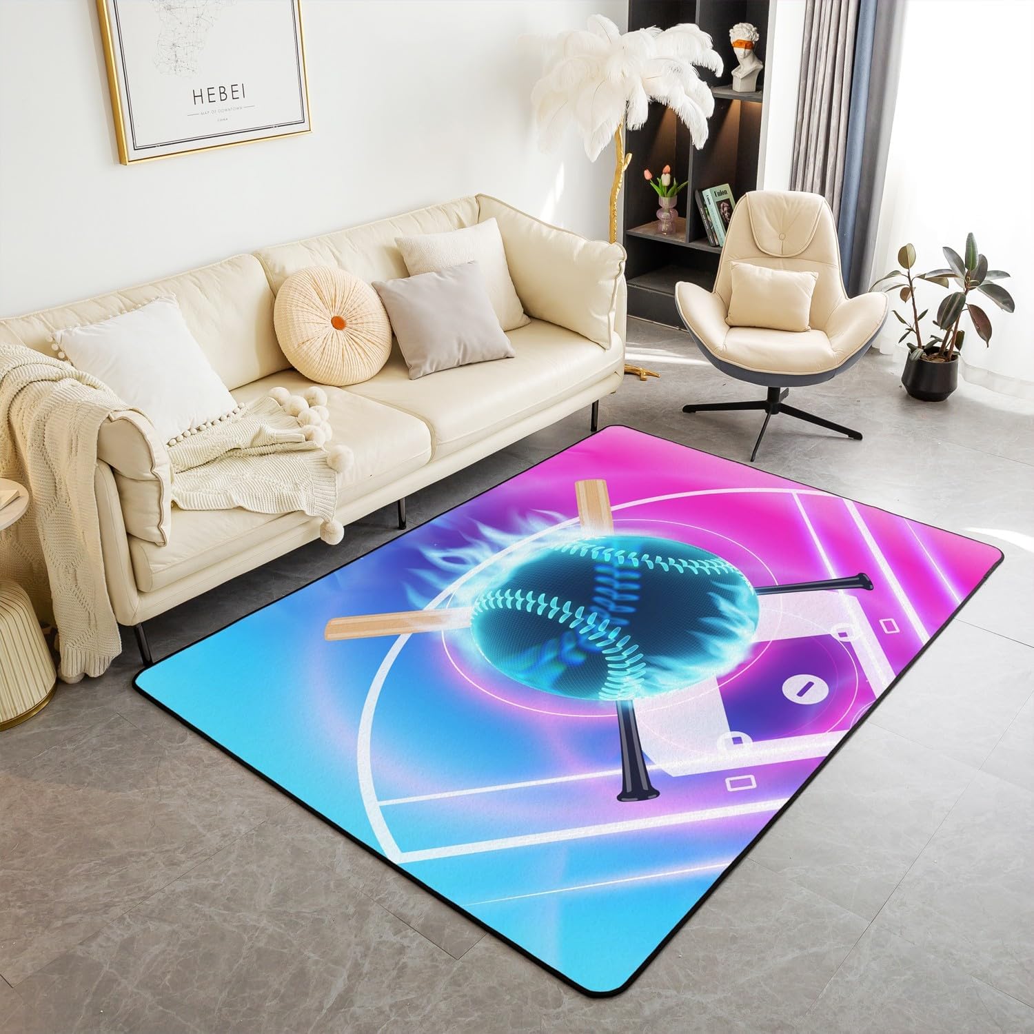 Baseball Area Rug 3x5 Kids Baseball Stadium Decorative Carpet for Boys Girls Teens Softball Rugs for Living Room Bedroom Non-Slip Sports Theme Indoor Floor Mat Room Decor Accent Rug