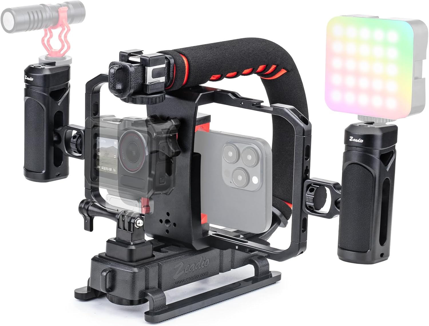 Zeadio Camera Handheld Stabilizer with Aluminum Smartphone Video Cage Rig, Triple Cold-Shoe Handle Grip, Compatible with All Camera Action Camera DSLR Smartphones