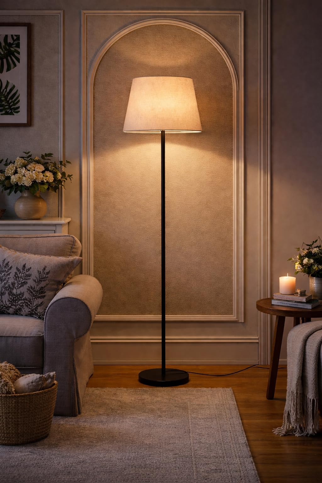 Modern Floor Lamp for Living Room Bedroom | Black Metal Stand with Warm Beige Fabric Shade | Elegant Standing Lamp for Home Decor, Reading Corner, Sofa Side Lighting-image-21