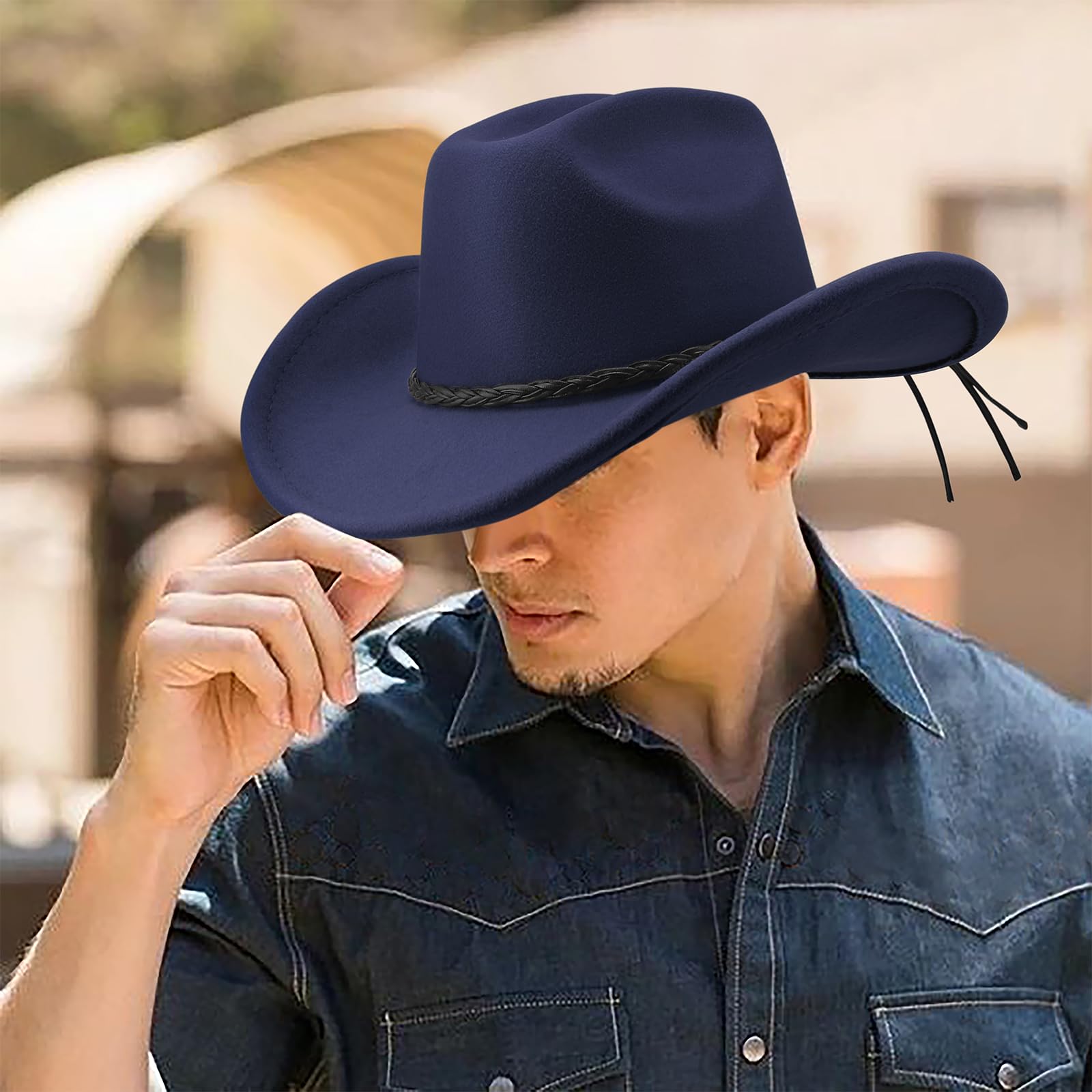 DRESHOW Sombrero de Vaquero para Mujers y Hombres Sombrero de Vaquera Western Clásico con Cinturón de Hebilla Sombrero de Enrollado de ala Ancha Grande Moldeable Fieltro Fedora para Unisex