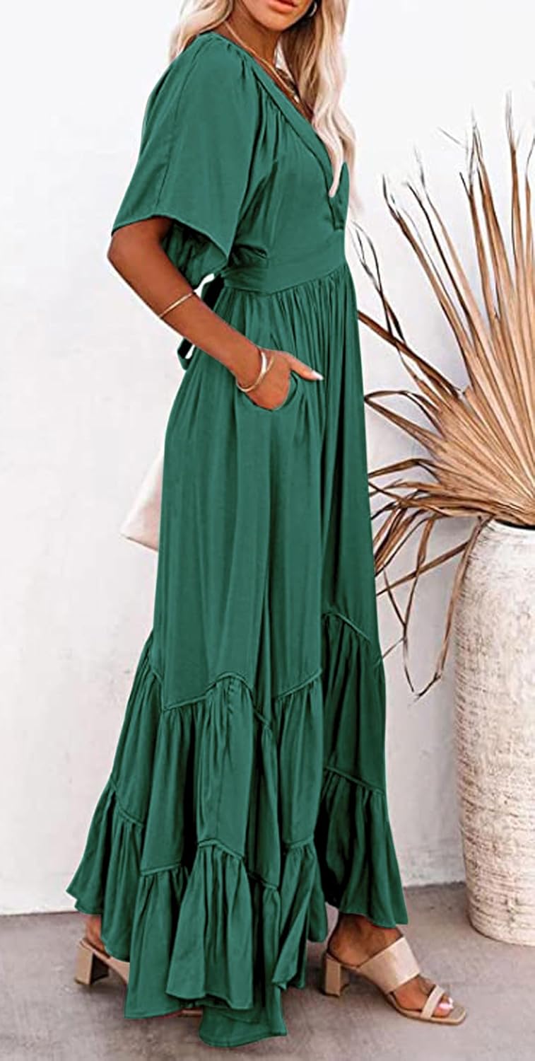 CHARTOU Women's Boho Ruffle Sleeve Flowy Maxi Dress Lace Up Back Tiered Party A Line Dress - Image 5