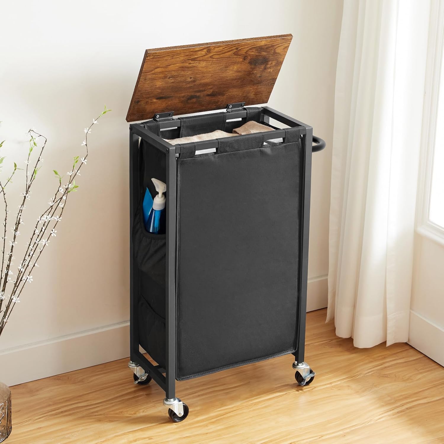 HOOBRO Slim Laundry Hamper with Lid, 11Gal Rolling Laundry Basket with Wheels, Laundry Sorter with Side Pockets and Handle, Oxford Fabric Bag, Space-Saving, Rustic Brown and Black BF24XY01G2