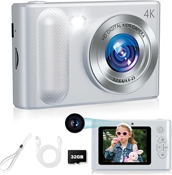 Digital Camera, 48MP Kids Camera 1080P Dual Lens Cmopact Camera with Fill Light, Portable Camera with 32GB SD Card, Small Digital Camera for Kids Teens Boys and GirlsSliver