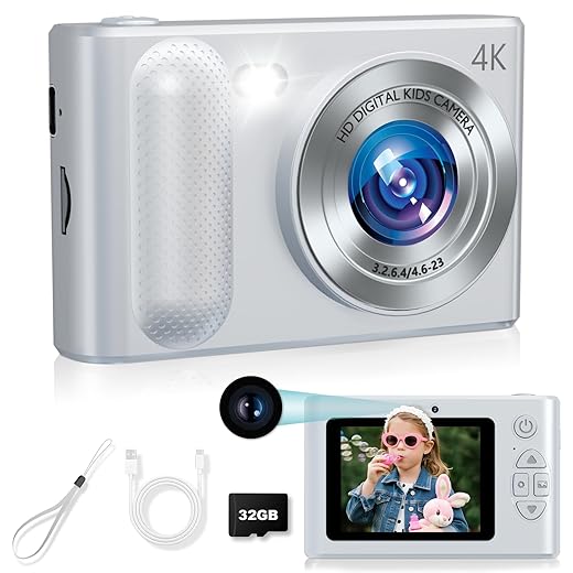 Digital Camera, 48MP Cmopact Camera 1080P Dual Lens Point and Shoot Camera with Fill Light, Portable Camera with 32GB SD Card, Small Digital Camera for Kids Teens Boys and Girls (Sliver