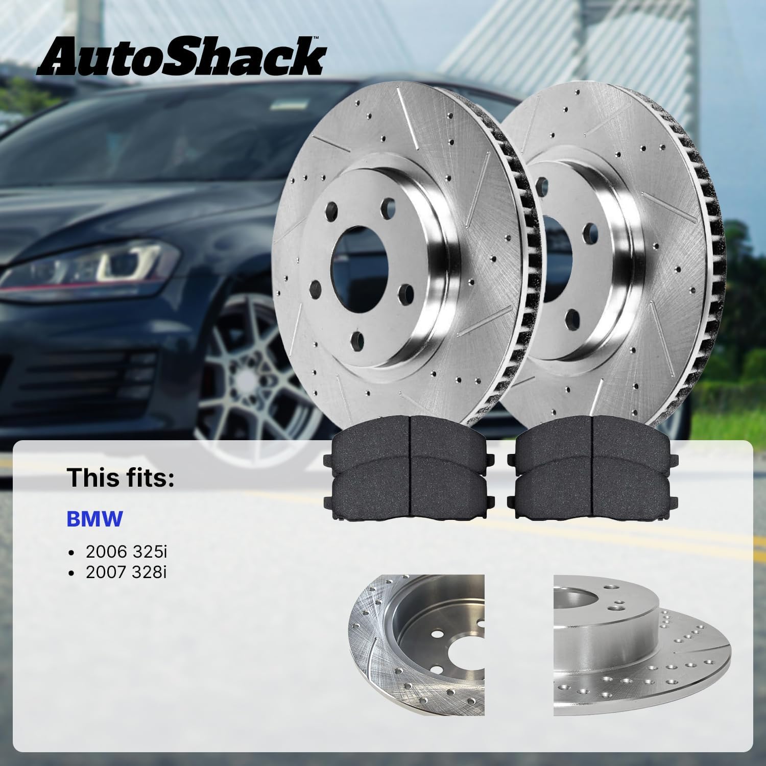 AutoShack Front & Rear Brake Rotors & Ceramic Pads for BMW, 328i 2007 325i 2006, RWD L6 3.0L - Silver Zinc Coated Drilled & Slotted - SilverShield Pro