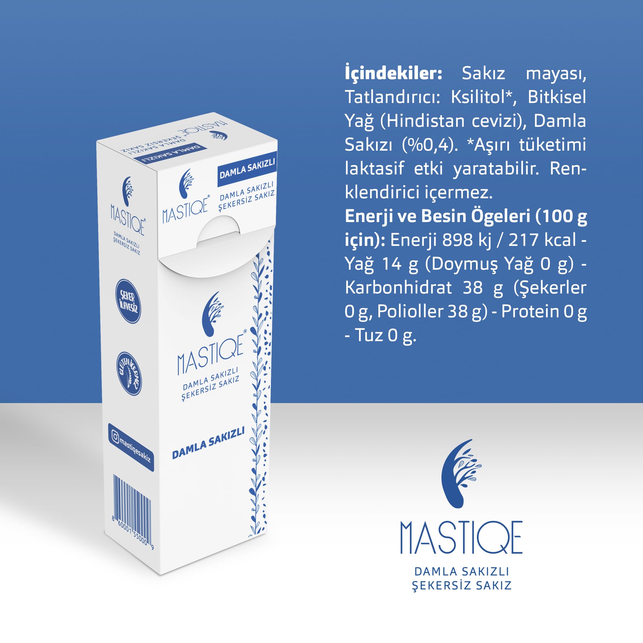 Mastiqe Doğal Aromalı Damla Sakızlı Şekersiz Sakız 20 Grx 12 Adet (Sade)