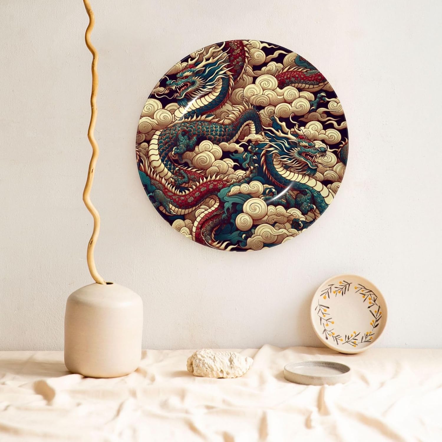 Cloud-Dragon-China-Japanese 10 Inch Decorative Plate With Stand, Elegant Display Wall Plate For Home Decor