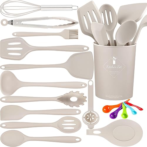 Juego de utensilios de cocina de 18 piezas, juego de utensilios de cocina con soporte para utensilios, juego de espátula de silicona resistente al