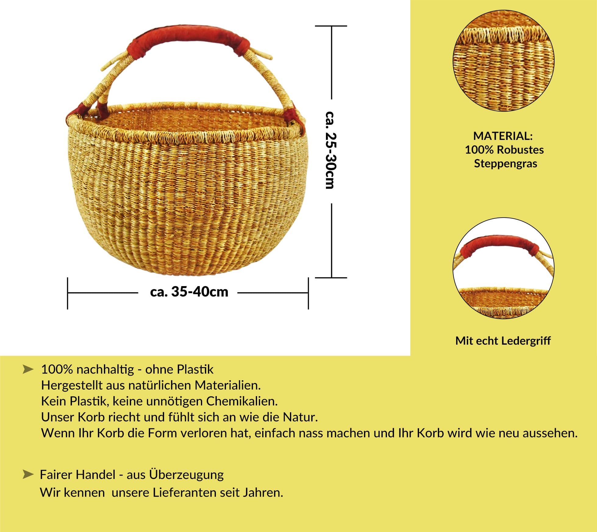 ca. 40cm Bolga Rundkorb Korb Afrika Ghana Einkaufskorb Ledergriff Natur Naturfarbe