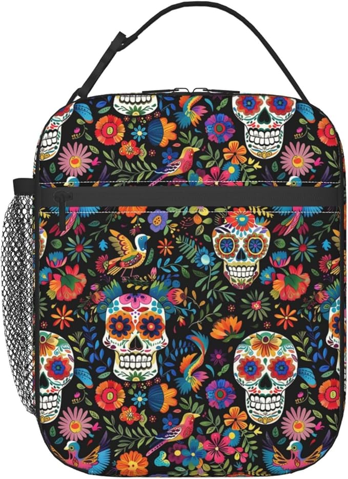 ainori Reusable Vibrant Sugar Skull Lunch Box for Kids Girls Boys Women Adult, Insulated Day of the Dead Lunch Bag,Polyester Cooler Gothic Handbags Case for School Picnic Work Travel Beach or Hiking