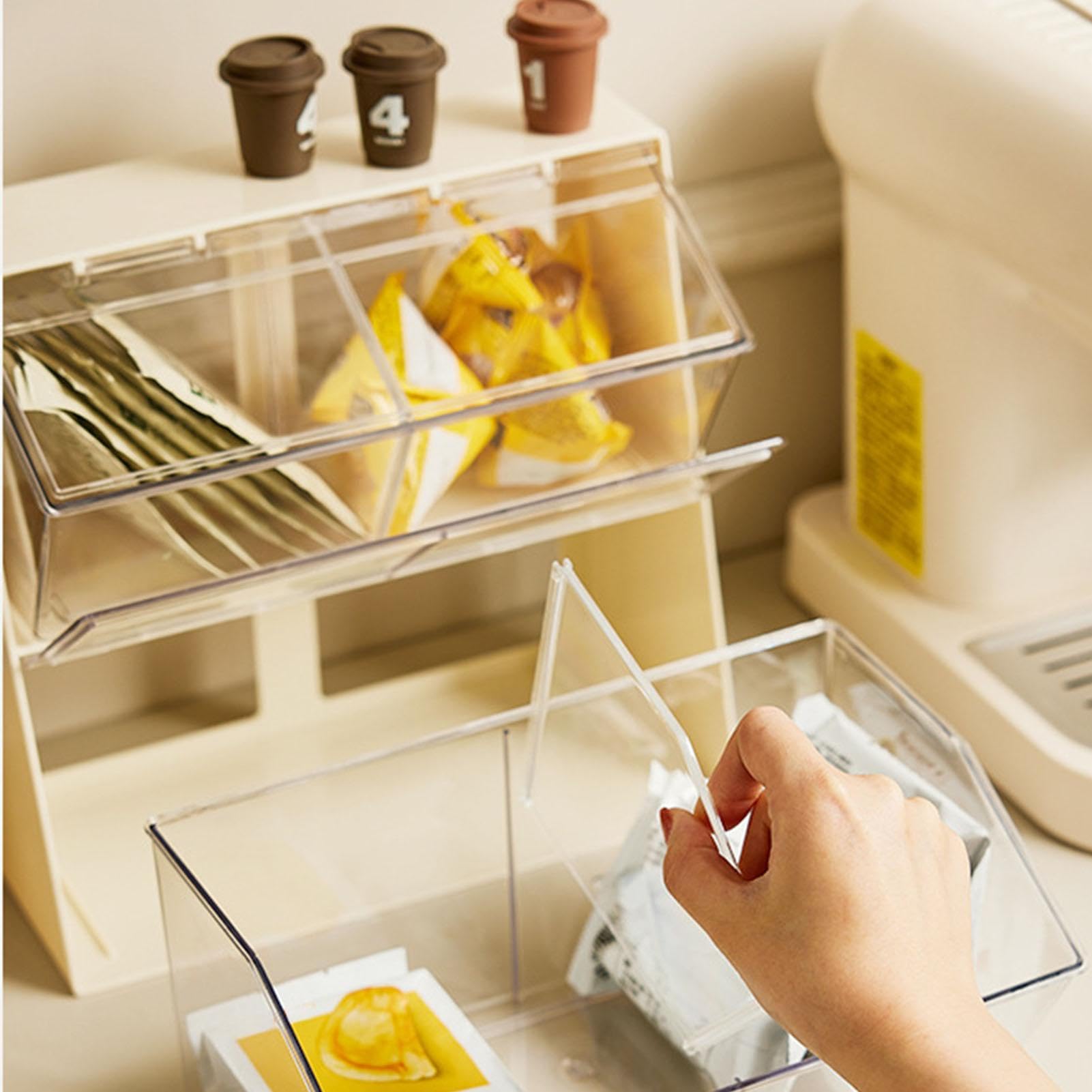 Organizador de bolsas de té, soporte para bolsas de té, diseño de 2 niveles, transparente | Bandeja para encimeras, despensa, hogar, cafetería
