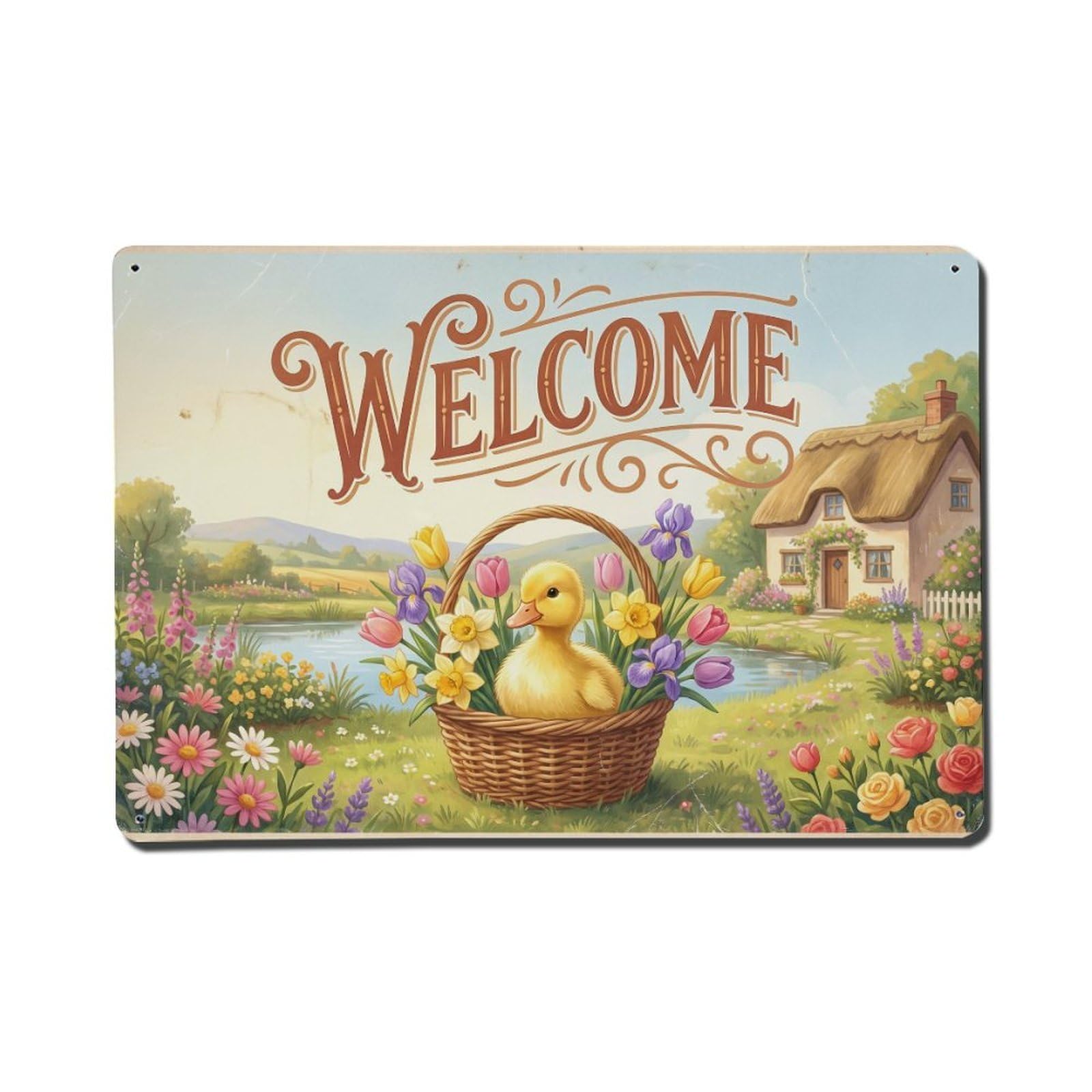 Vintage Welcome Duckling Green Thumb Metal Tin Sign