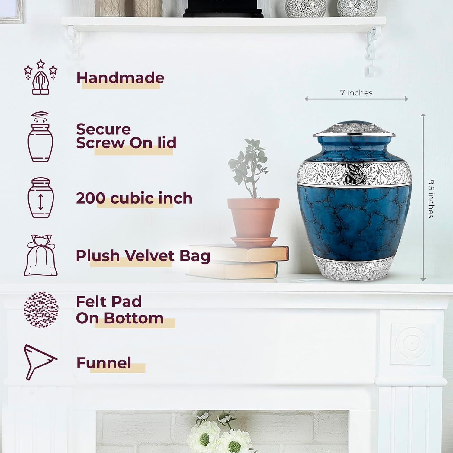 Trupoint Memorials Cremation Urns for Human Ashes, Decorative Burial Urn for Adult Men and Women, Large Dark Blue with Silver Lining