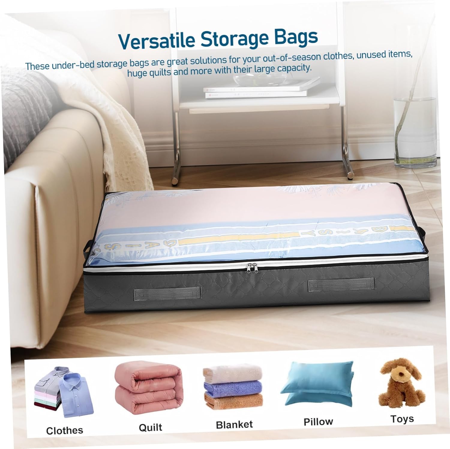 Bed Storage Bags 4-Piece Clothing Organizer Set Zipper Foldable Comforter Storage Containers for Bedding and Quilts Grey