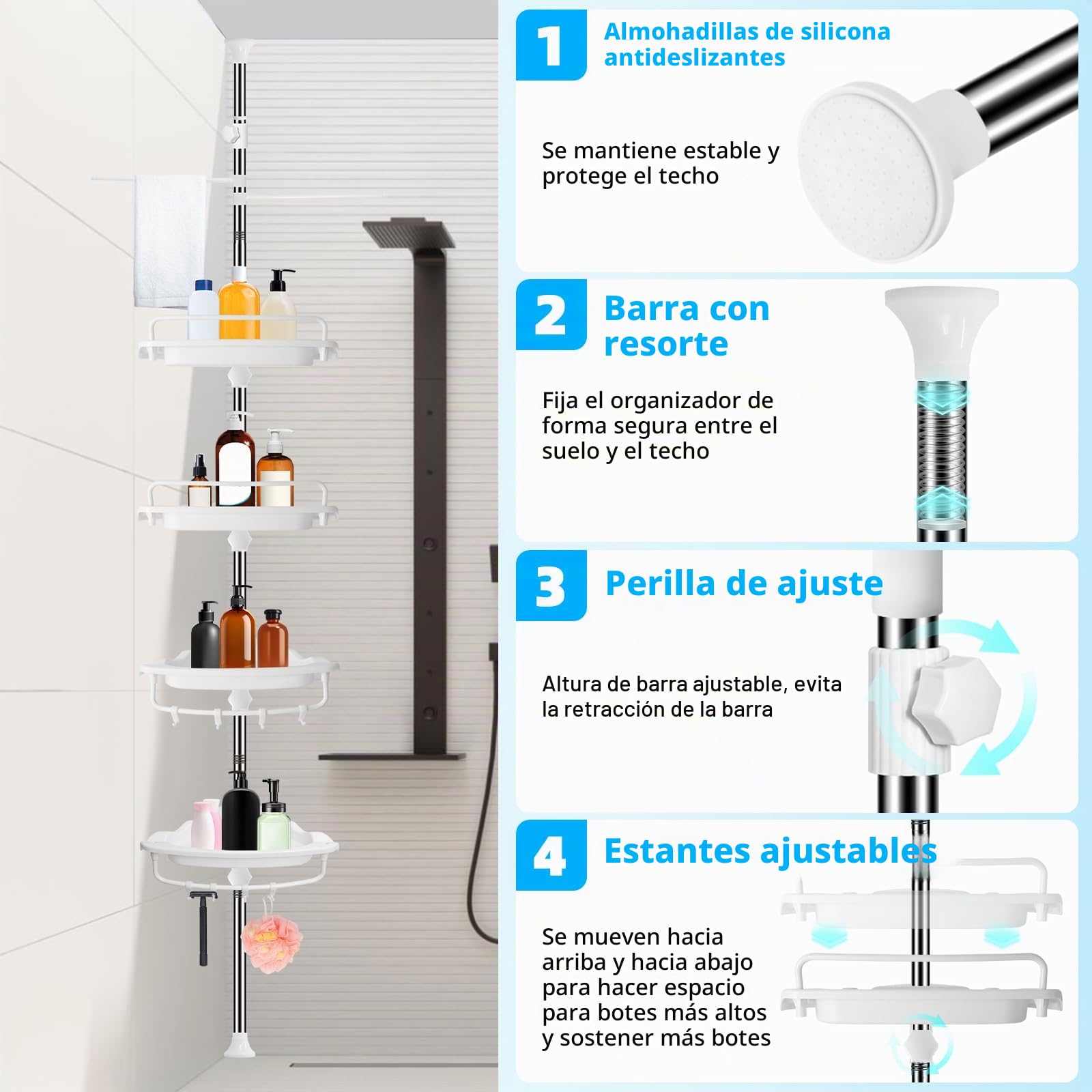 XLHOMO Estante de Ducha esquinero de 32 a 122 Pulgadas, Barra de tensión, Color Blanco, estantes de Ducha inoxidables sin taladros para baño, bañera, Lavabo, Organizador de Ducha Ajustable con