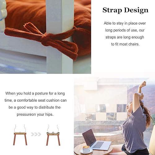 Miniatura 4 de Paquete de 6 cojines cuadrados para sillas de cocina, comedor, terciopelo suave y cómodo, cojines con lazos para oficina, escritorio, sala de estar,