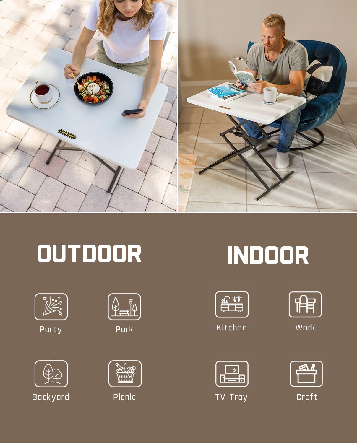 FanttikOutdoor Folding Table 2-Second One-Hand Height Adjustment, 3 Settings, Ultra-Thin 3.2" Fold, No Assembly, TV Tray Laptop Desk 28 inch, 1 Pack, White Zeta X1 Pro